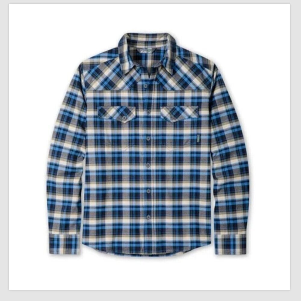 Stio Men's Junction Midweight Plaid Flannel Shirt Size S Blue Organic Cotton